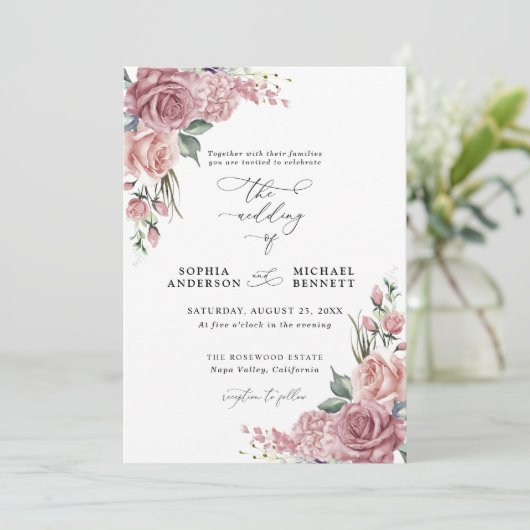 Dusty Pink Floral Wedding Invitation 招待状 (スタンド正面)