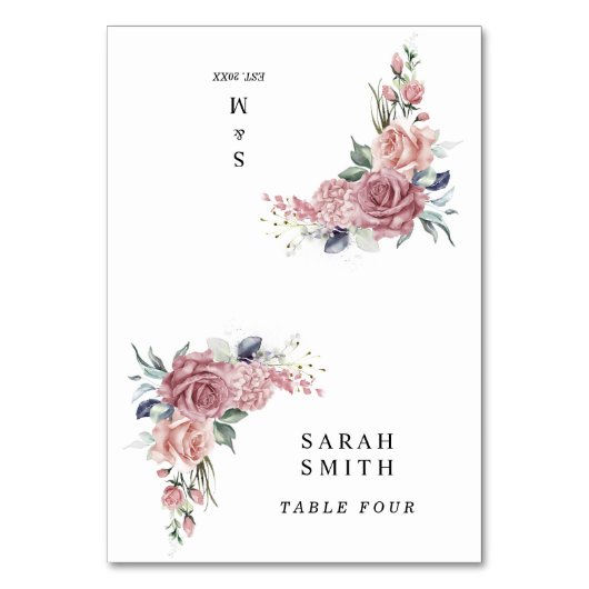Dusty Pink Floral Wedding Place Cards テーブルナンバー (正面)