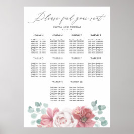 Dusty Pink Floral Wedding Seating Chart ポスター