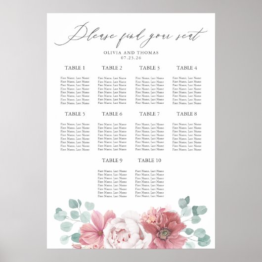 Dusty Pink Floral Wedding Seating Chart ポスター (正面)