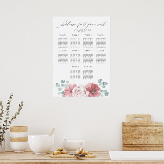 Dusty Pink Floral Wedding Seating Chart ポスター (キッチン)
