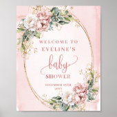 Dusty Pink Floral Welcome Baby Shower Table Poster ポスター (正面)