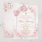 Dusty Pink Flowers Bow Girl First Holy Communion 招待状 (正面/裏面)