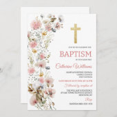 Dusty Pink Flowers Elegant Girls Baptism  招待状 (正面/裏面)