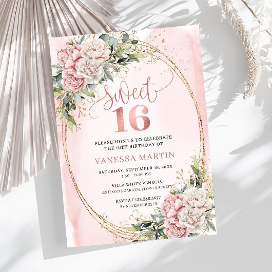 Dusty Pink Flowers Eucalyptus Sweet 16 Invitation 招待状