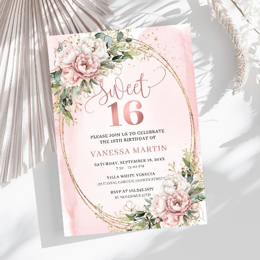Dusty Pink Flowers Eucalyptus Sweet 16 Invitation 招待状