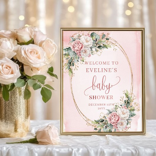 Dusty Pink Flowers Gold Welcome Baby Shower Sign ポスター