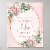 Dusty Pink Flowers Gold Welcome Baby Shower Sign ポスター (正面)