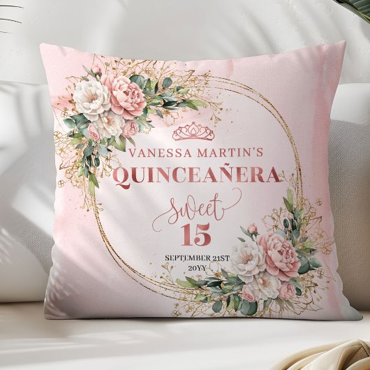 Dusty Pink Flowers Greenery Sweet 15 Pillow Gift クッション