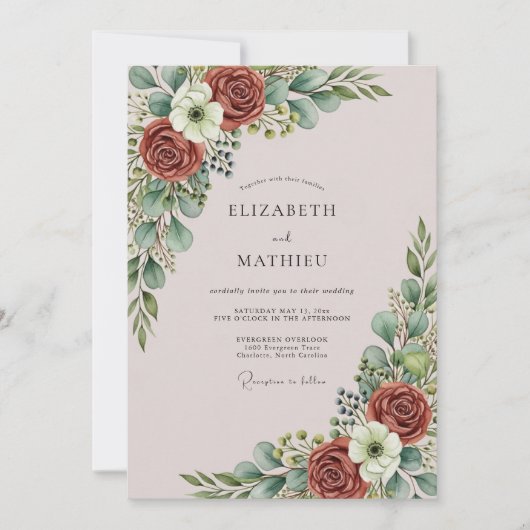 Dusty Pink Graceful Botanical Wedding 招待状 (正面)