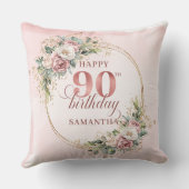 Dusty Pink Greenery Floral 90th Birthday Pillow クッション (裏面)