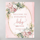 Dusty Pink Greenery Welcome Baby Shower Table Sign ポスター (正面)