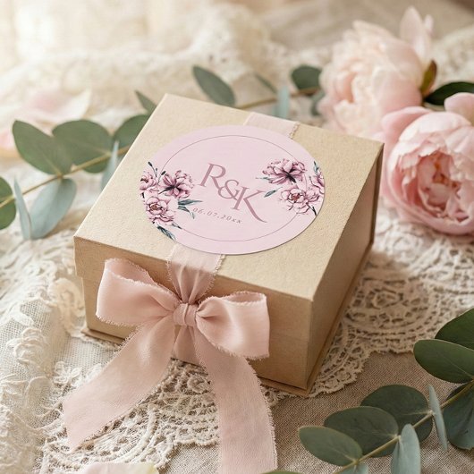 Dusty Pink Mauve Peony Wedding Favor Round Sticker ラウンドシール