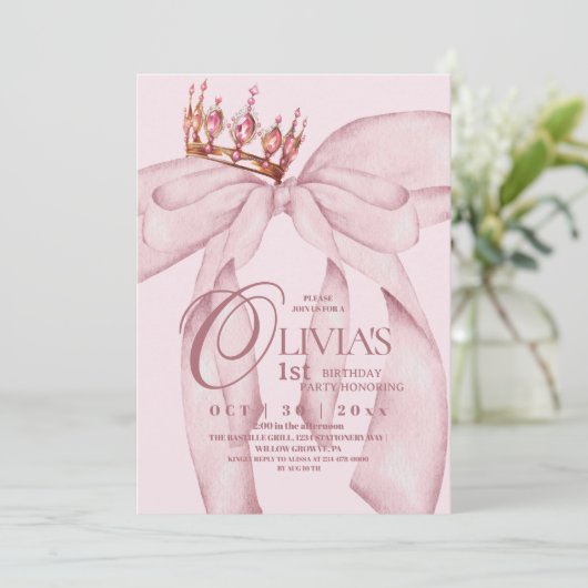 Dusty Pink Modern Trendy Bow 1st Birthday  招待状 (スタンド正面)