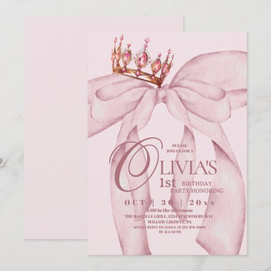 Dusty Pink Modern Trendy Bow 1st Birthday  招待状 (正面/裏面)