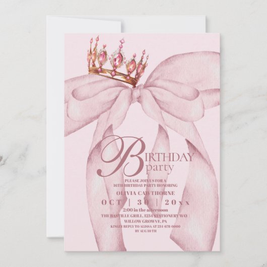 Dusty Pink Modern & Trendy Bow Birthday Party 招待状 (正面)