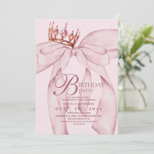 Dusty Pink Modern & Trendy Bow Birthday Party 招待状 (スタンド正面)