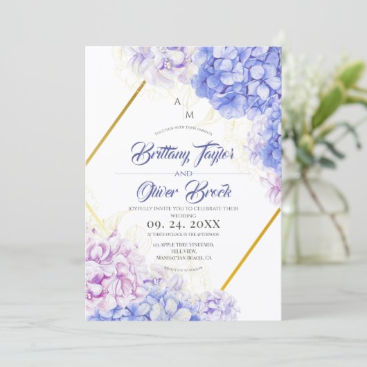 Dusty Pink & Navy Blue Flora Hydrangea Wedding 招待状 (スタンド正面)