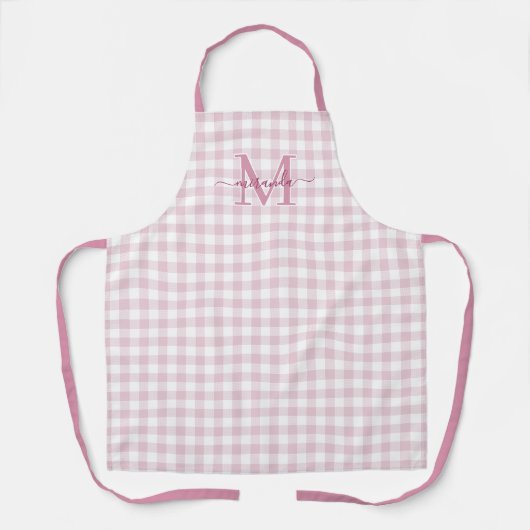 Dusty Pink Plaid Apron with Monogram & Name エプロン (正面)