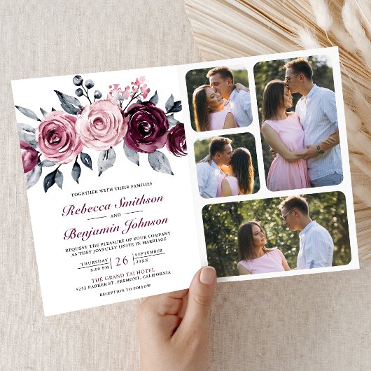 Dusty Pink Plum Purple Floral QR Code Wedding 招待状