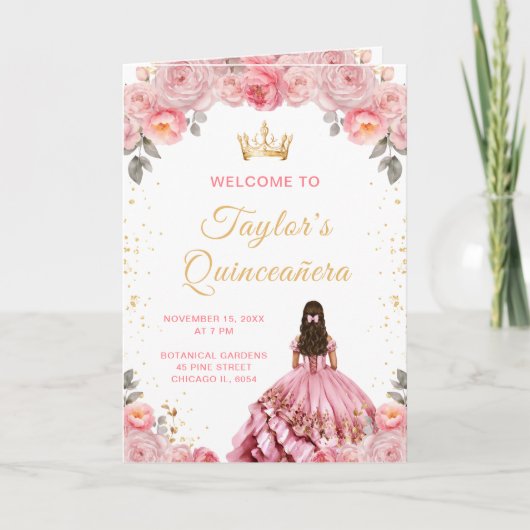 Dusty Pink Princess Floral Quinceañera Program プログラム (正面)