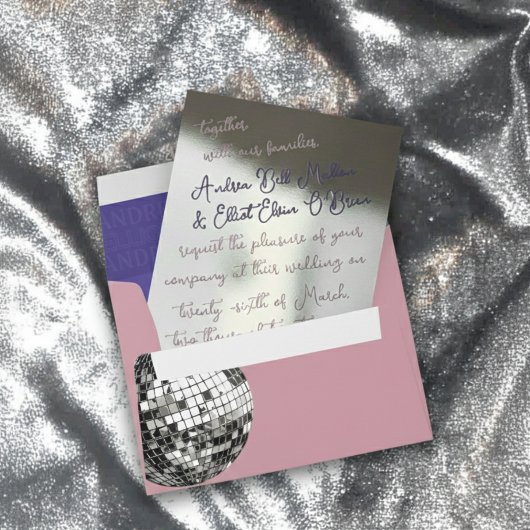 Dusty Pink & Purple Bold Script Silver Wedding 箔招待状