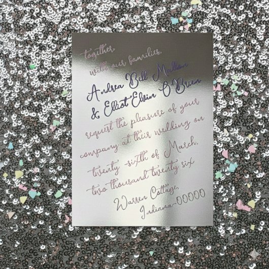 Dusty Pink & Purple Bold Script Silver Wedding 箔招待状
