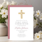 Dusty Pink Religious Cross Girl First Communion 招待状