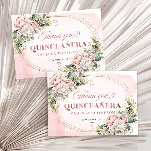 Dusty Pink Rose Gold Boho Quince Party Thank You サンキューカード