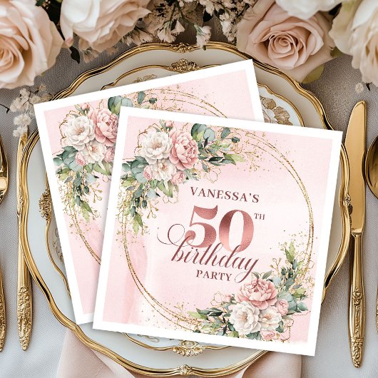 Dusty Pink Rose Gold Floral 50th Birthday Dinner  スタンダードカクテルナプキン