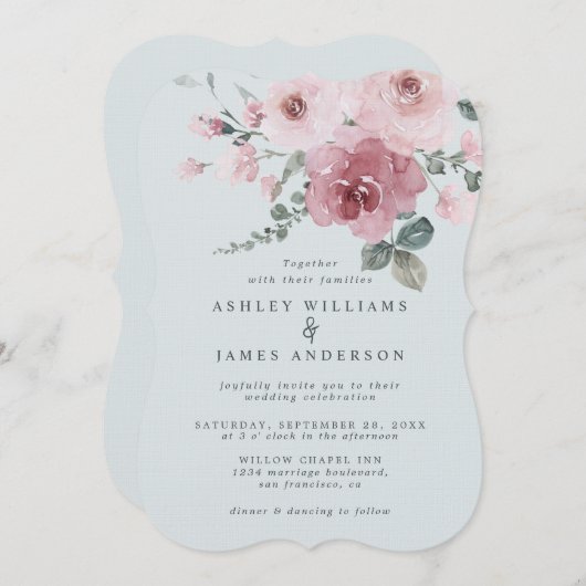Dusty Pink Rose Light Blue Wedding 招待状 (正面/裏面)