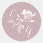 Dusty Pink Rose Line Art Monogram Wedding ラウンドシール (正面)