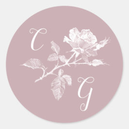 Dusty Pink Rose Line Art Monogram Wedding ラウンドシール