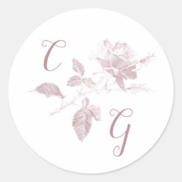 Dusty Pink Rose Line Art Monogram Wedding ラウンドシール