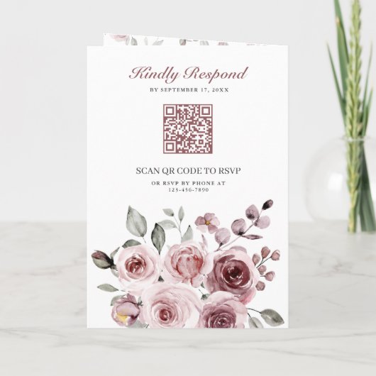 Dusty Pink Roses All in One QR Code Wedding 招待状 (裏面)
