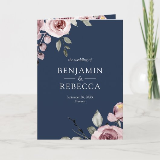 Dusty Pink Roses QR Code Navy Blue Wedding 招待状 (正面)