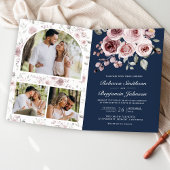 Dusty Pink Roses QR Code Navy Blue Wedding 招待状