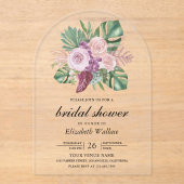 Dusty Pink Roses Tropical Monstera Bridal Shower アクリル招待状 (正面)
