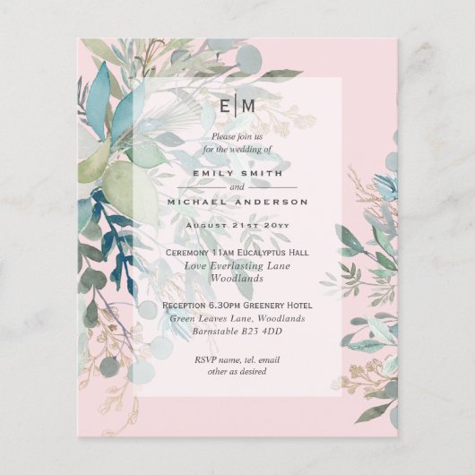 Dusty Pink Sageの式結婚と披露宴請求書 チラシ (正面)