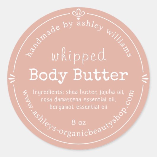 Dusty Pink Script Handmade Body Butter Label ラウンドシール (正面)