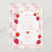 Dusty Pink Strawberry Sweet One Berry Birthday  招待状 (正面/裏面)