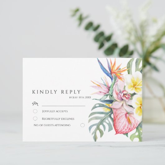 Dusty Pink Tropical Floral Botanical Wedding 出欠カード (スタンド正面)