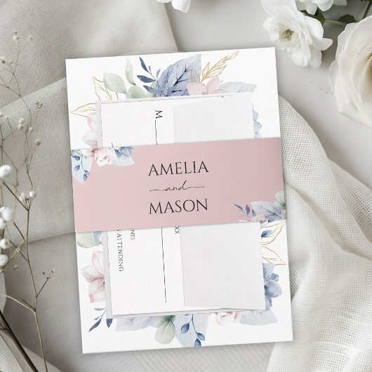 Dusty Pink Watercolor Floral Wedding 招待状ベリーバンド