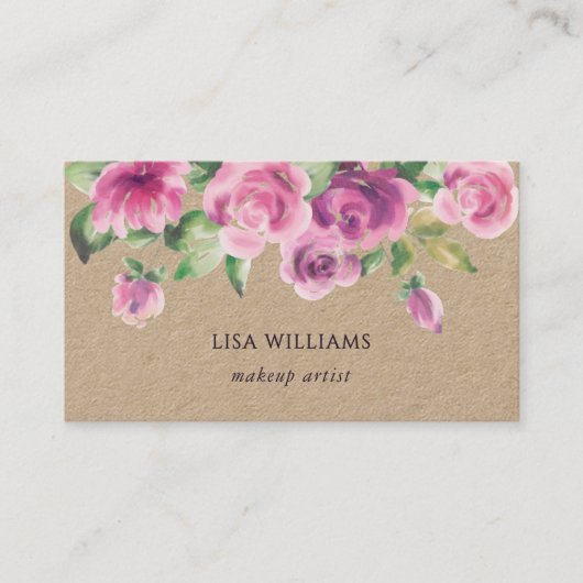 Dusty Pink Watercolor Flowers Kraft 名刺 (正面)