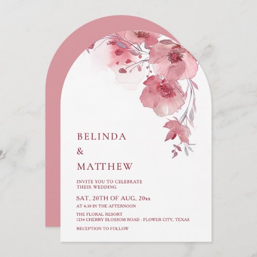 Dusty Pink Watercolor Flowers White 招待状 (正面/裏面)