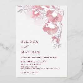 Dusty Pink Watercolor Flowers White Silver 箔招待状