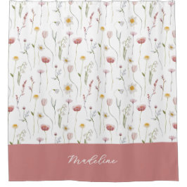 Dusty Pink Watercolor Wildflower Monogram Name シャワーカーテン