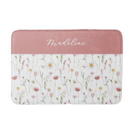 Dusty Pink Watercolor Wildflower Monogram Name バスマット