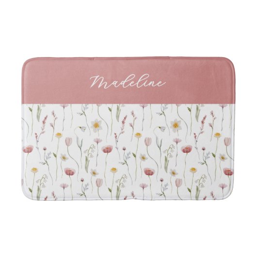 Dusty Pink Watercolor Wildflower Monogram Name バスマット (正面)