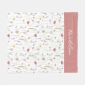 Dusty Pink Watercolor Wildflower Name フリースブランケット (正面(横))